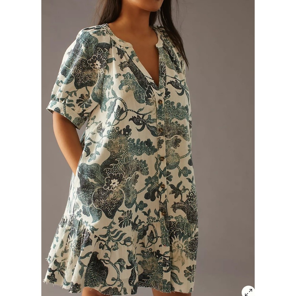 Pilcro Mini Dress Women Blue Floral Batik Button Front Ruffle Hem Pockets